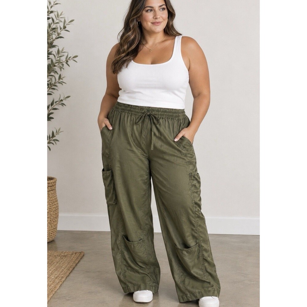 Johnny Was Cargo Olive Green Pants Plus Size XXL Pockets Drawstring Tie
